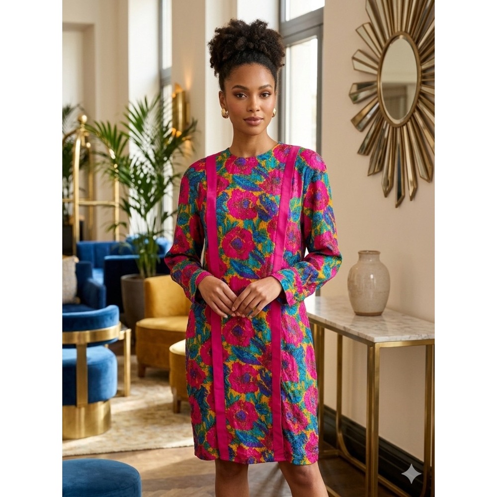 Vintage 1980s 100% Silk Bright Pink Floral Midi Dress with Long Sleeves